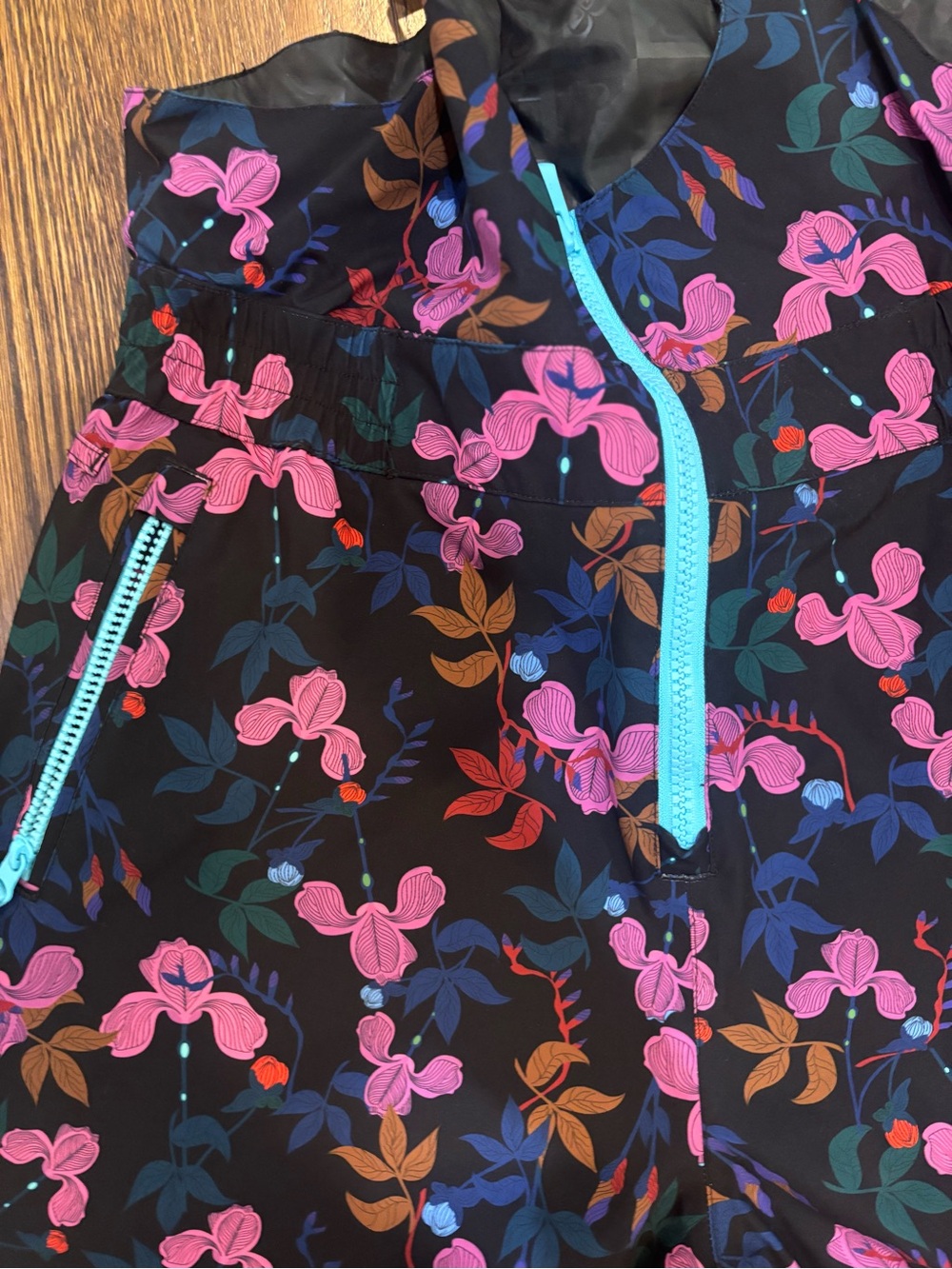 Roxy Black Floral Overalls with Pink Blooms and Teal Zipper